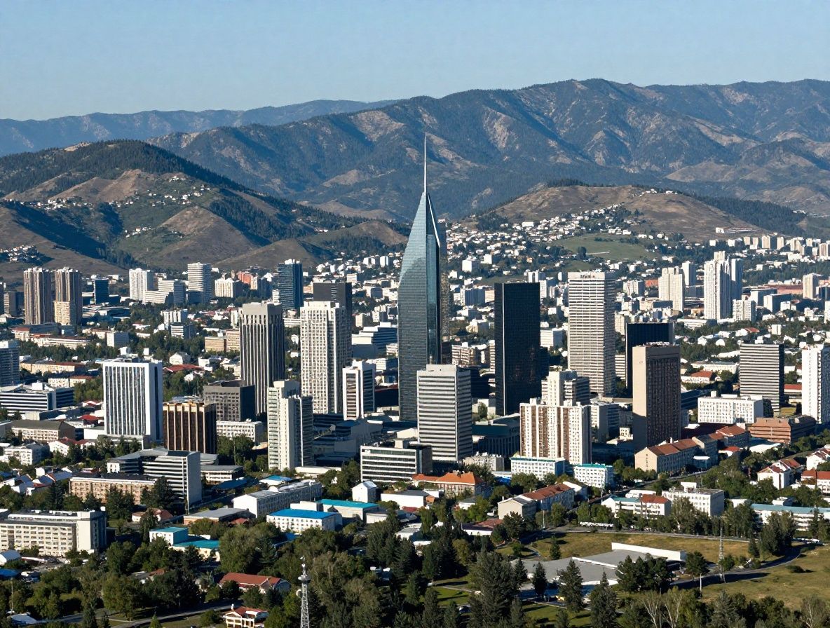 Панорамный вид Алматы с высоты птичьего полёта — деловой центр города с горами Заилийского Алатау на фоне