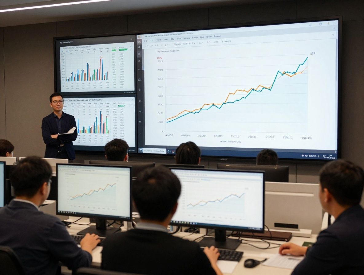 Аналитик данных изучает интерактивные дашборды с графиками роста IT-рынка Казахстана на больших экранах в тёмном аналитическом центре