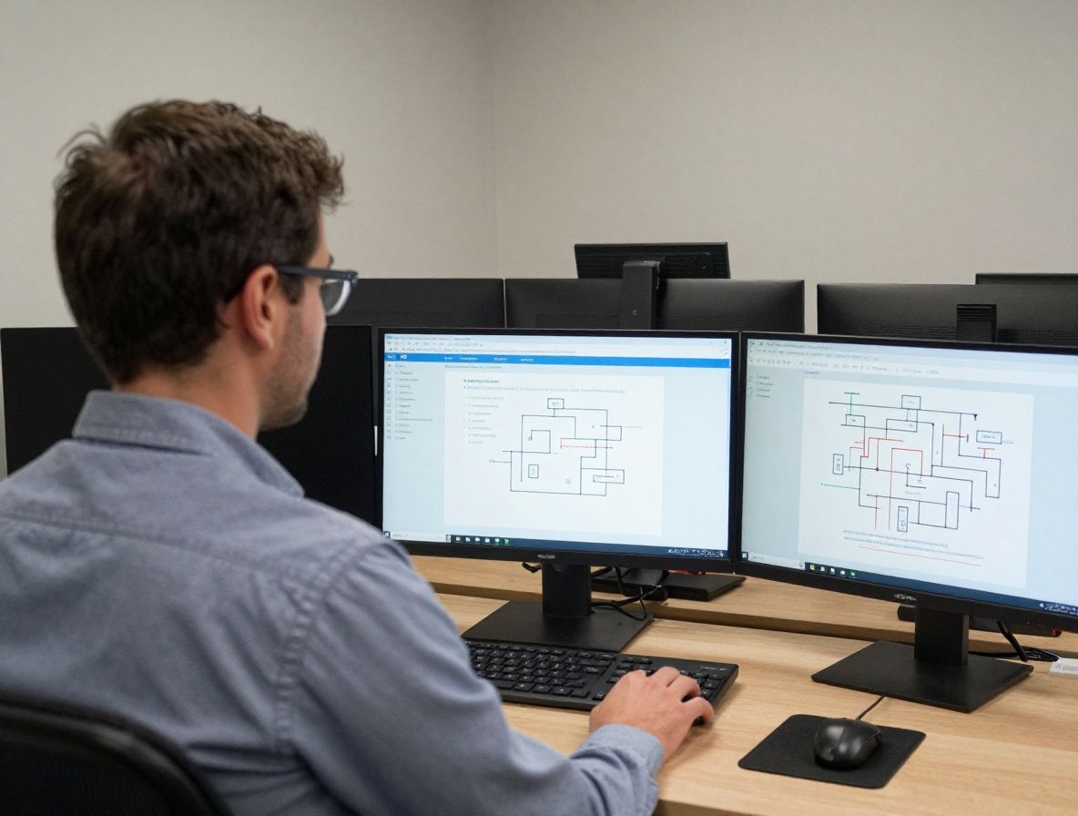 Специалист по кибербезопасности изучает отчёт об инцидентах и угрозах за столом с мониторами и схемами защиты