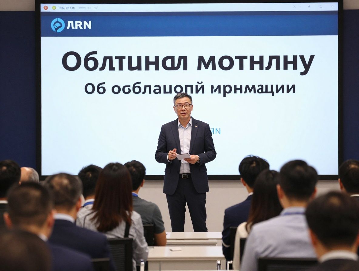 Директор IT-компании представляет данные об облачной миграции на конференции перед аудиторией бизнесменов