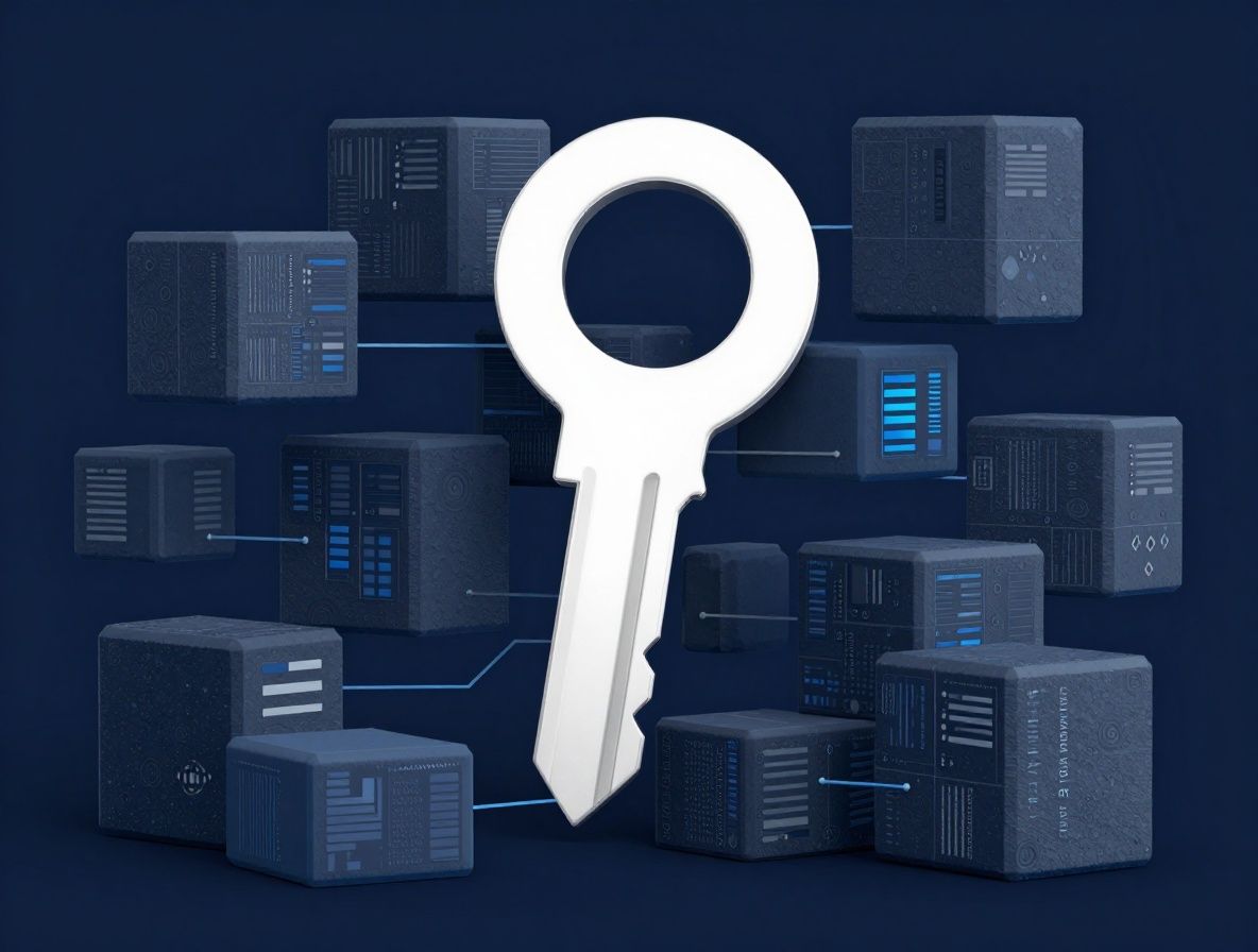 Трёхмерная визуализация блокчейн-сети с соединёнными блоками данных, криптографические ключи на синем фоне