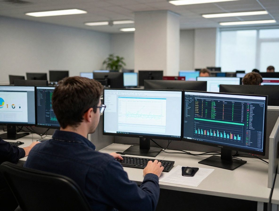 Аналитик данных изучает сложные графики и тепловые карты на нескольких экранах в тёмном аналитическом центре