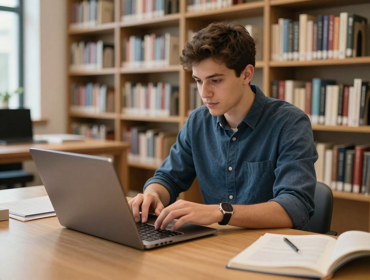 Студент проходит онлайн-курс на планшете в светлой современной библиотеке, рядом конспекты и учебные материалы