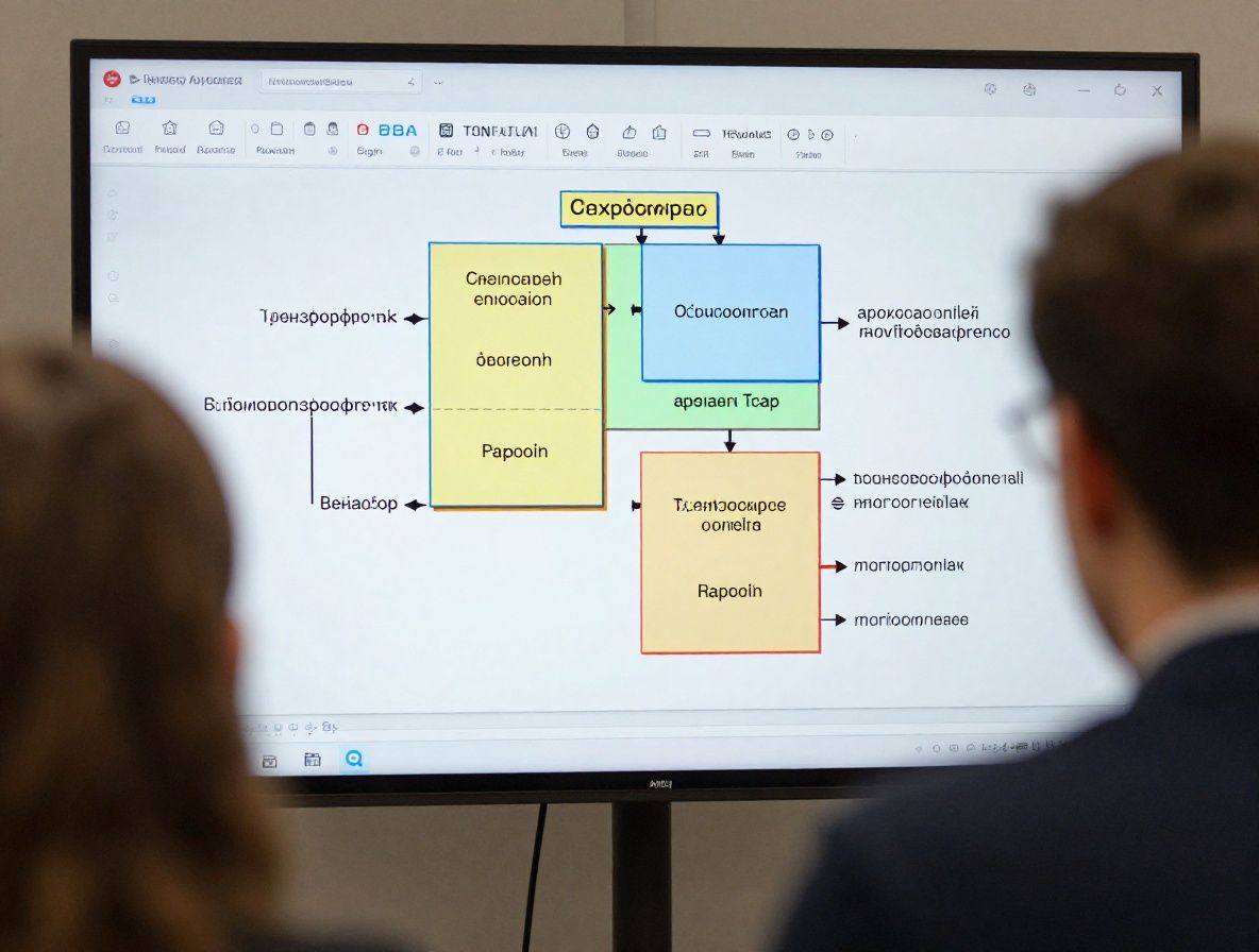 Разработчик изучает архитектуру большой языковой модели на интерактивной доске с диаграммами нейронных сетей