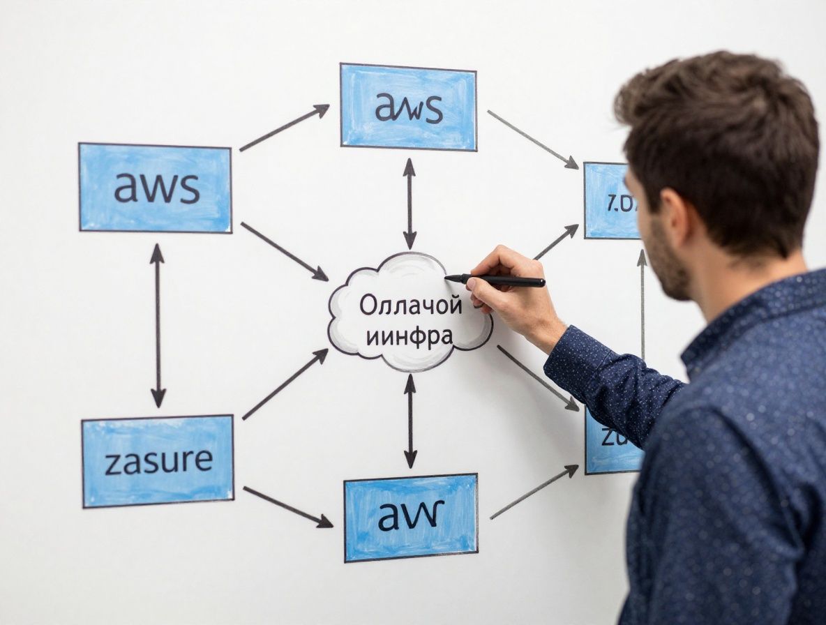 Архитектор облачной инфраструктуры рисует схему на белой доске, видны компоненты AWS и Azure