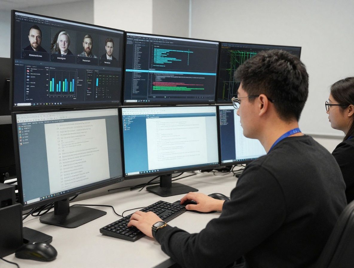 Специалист по информационной безопасности за рабочим столом с несколькими мониторами, демонстрирующими анализ угроз