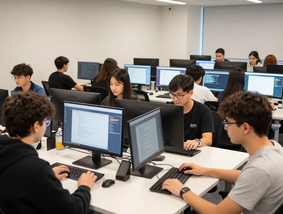 Учебная аудитория с компьютерами, студенты пишут код на Python, на экранах видны алгоритмы и графики