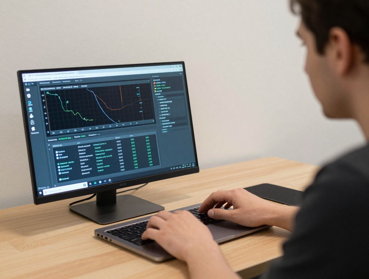 Аналитик данных в Алматы работает с нейронными сетями на ноутбуке, на экране отображаются графики машинного обучения
