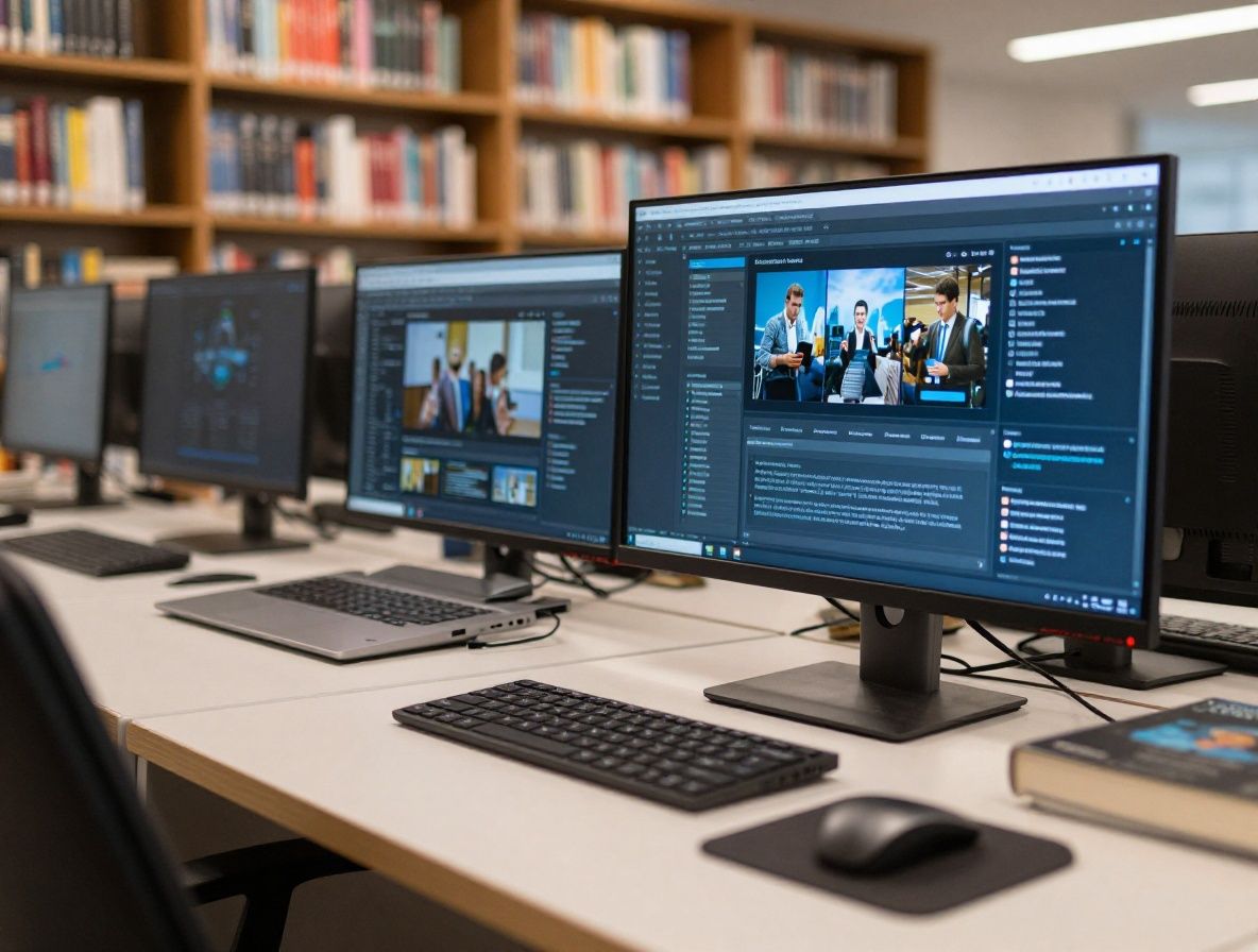 Библиотека цифровых материалов — светлое современное пространство с книгами, ноутбуками и экранами с технологическим контентом