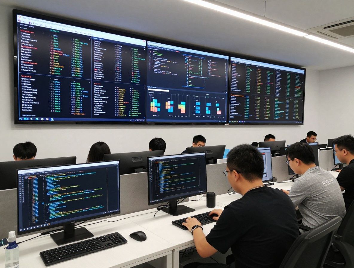 Современный цифровой офис в Алматы с большими экранами и интерактивными дашбордами, специалисты работают с данными и кодом